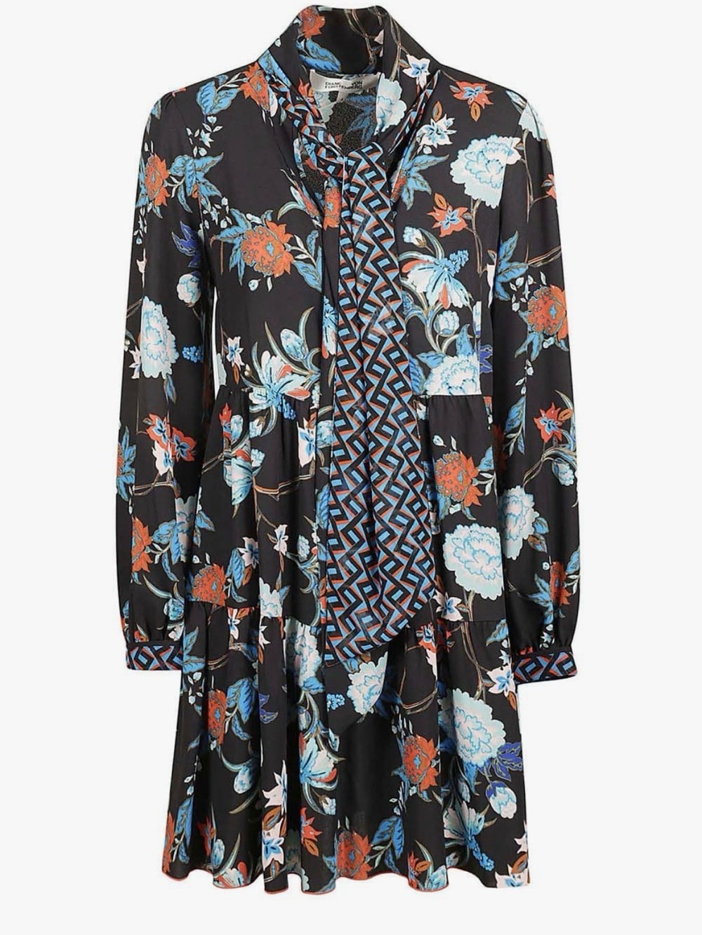 Floral Tie-Neck Long Sleeve Dress in Black and Blue